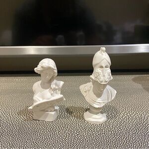 Unique smaller statues Greek Roman soldier and goddess hero heroine alabaster